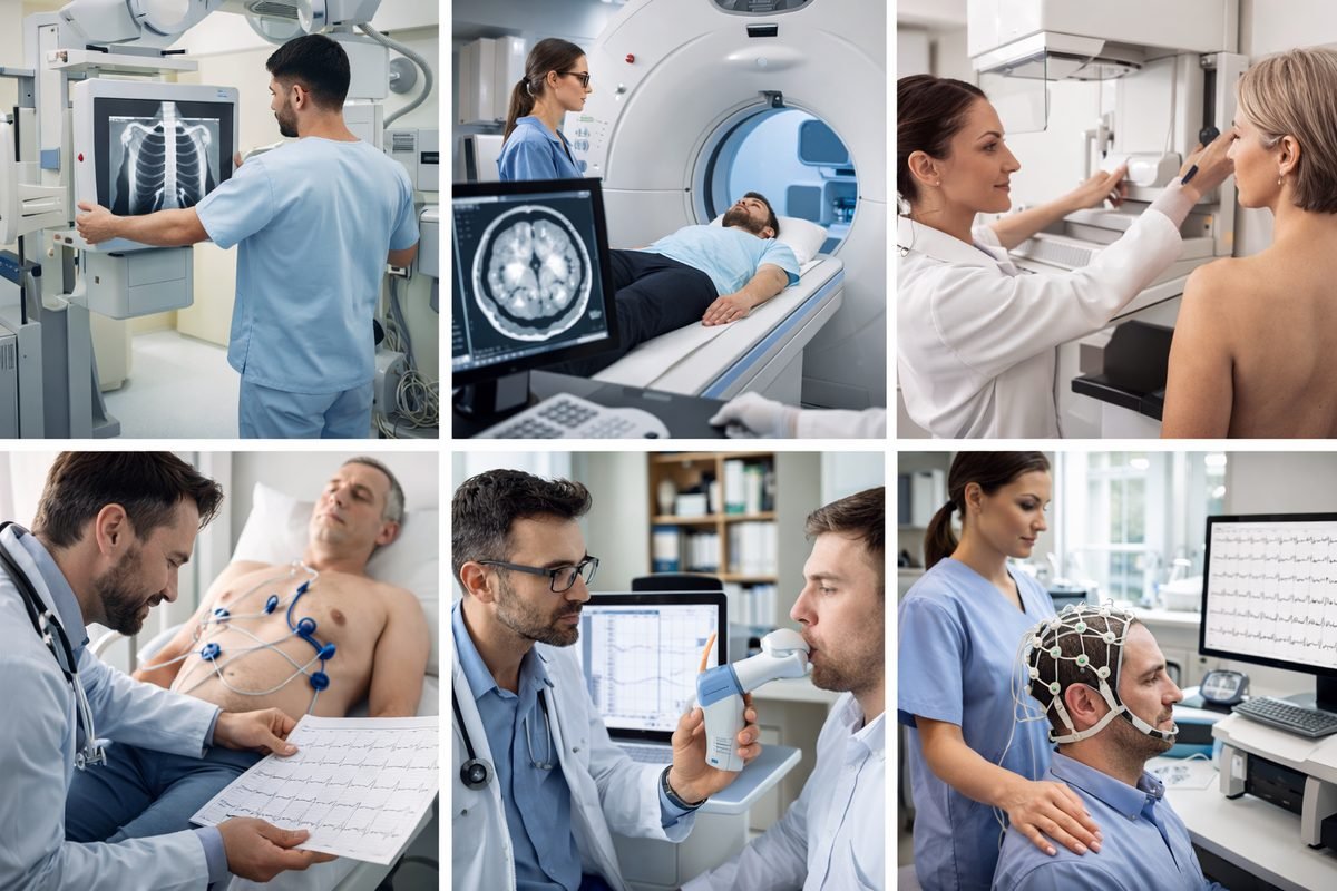 Profissionais de saúde realizando exames diagnósticos com tecnologia avançada